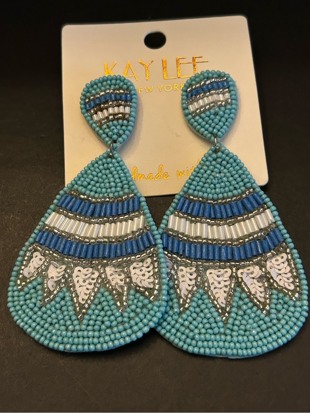 Turquoise, Blue & White Hand Beaded Teardrop Boho Design Statement Earrings